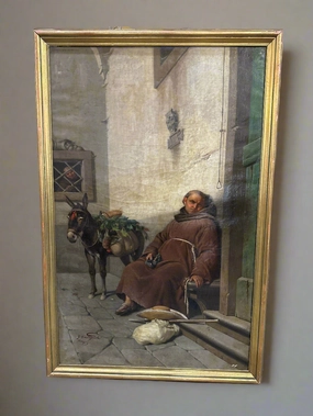 FRAMED OIL PAINTING OF A  RESTING MONK classic mural painting