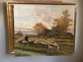FRAMED OIL PAINTING OF A SHEPARD WITH FLOCK SIGNED H, HUEBEN classic mural painting