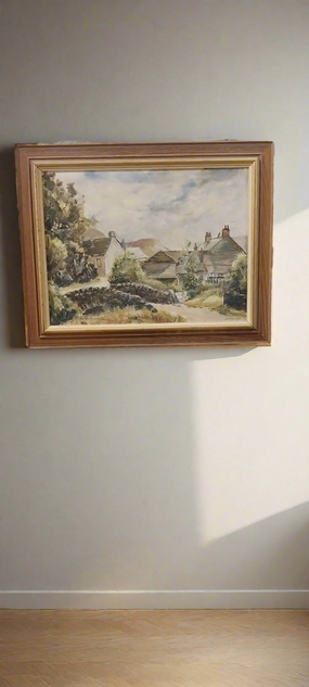 FRAMED OIL PAINTING OF A TOWN IN GREY TONES classic mural painting