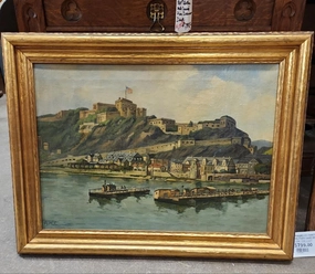 FRAMED OIL PAINTING OF A US MILITARY BASE ON THE WATER classic mural painting
