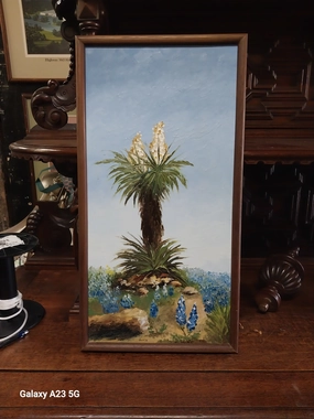 FRAMED OIL PAINTING OF A YUCCA AND BLUE BONNETS SIGNED DORIS classic mural painting