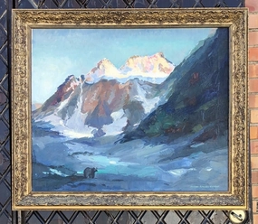 FRAMED OIL PAINTING OF ALASKA MOUNTAINS BY HELEN GAPER OEHLER classic mural painting