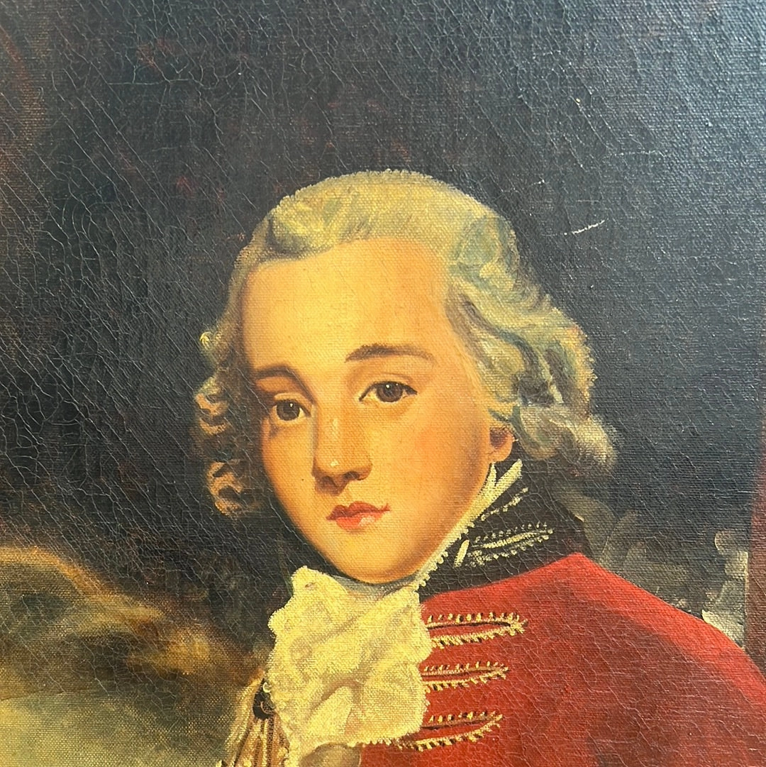 FRAMED OIL PAINTING OF AN 19TH CENTURY YOUNG MAN IN RED COAT-SIGNED PENER