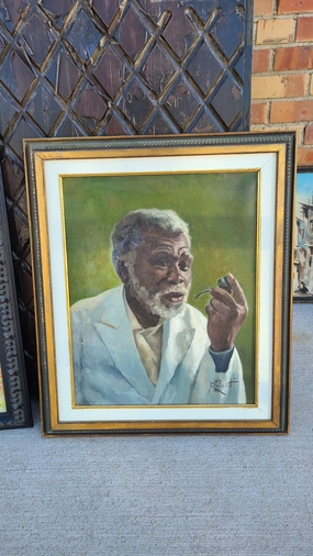 FRAMED OIL PAINTING OF AN AFRICAN AMERICAN MAN WITH A PIPE SIGNED ROBERTS classic mural painting
