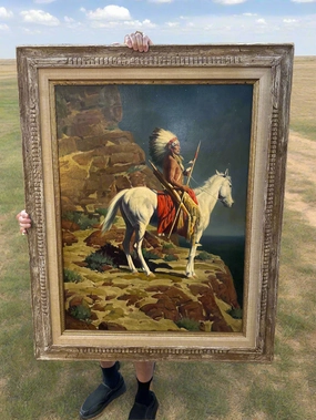 FRAMED OIL PAINTING OF AN  INDIAN ON HORSEBACK SIGNED RM ZOY classic mural painting