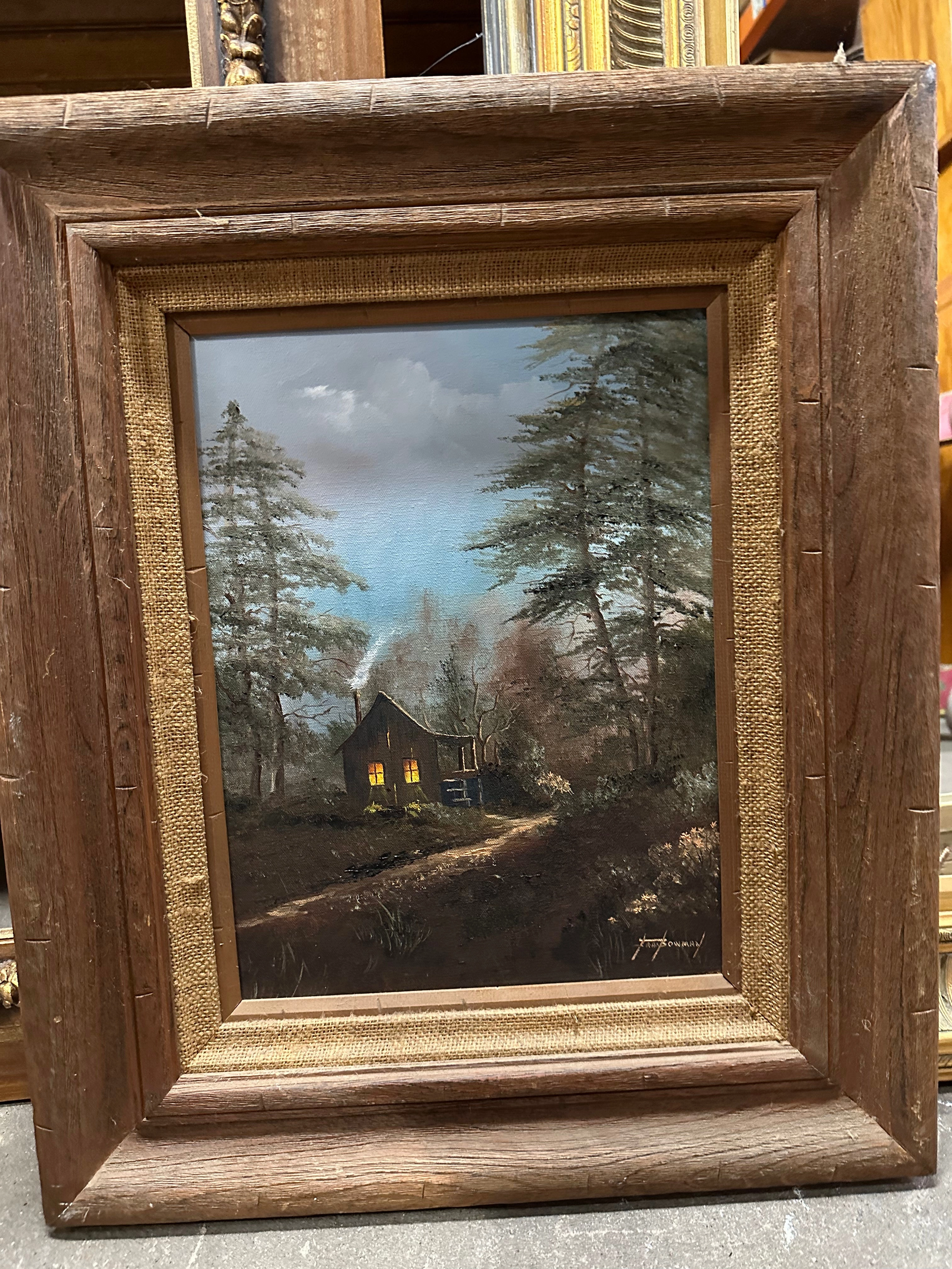 FRAMED OIL PAINTING OF CABIN AT NIGHT classic mural painting