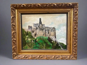 FRAMED OIL PAINTING OF CASTLE REMNANTS  BY MAUDE WATERS classic mural painting