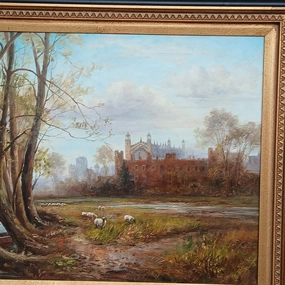 FRAMED OIL PAINTING OF CASTLE WITH SHEEP classic mural painting