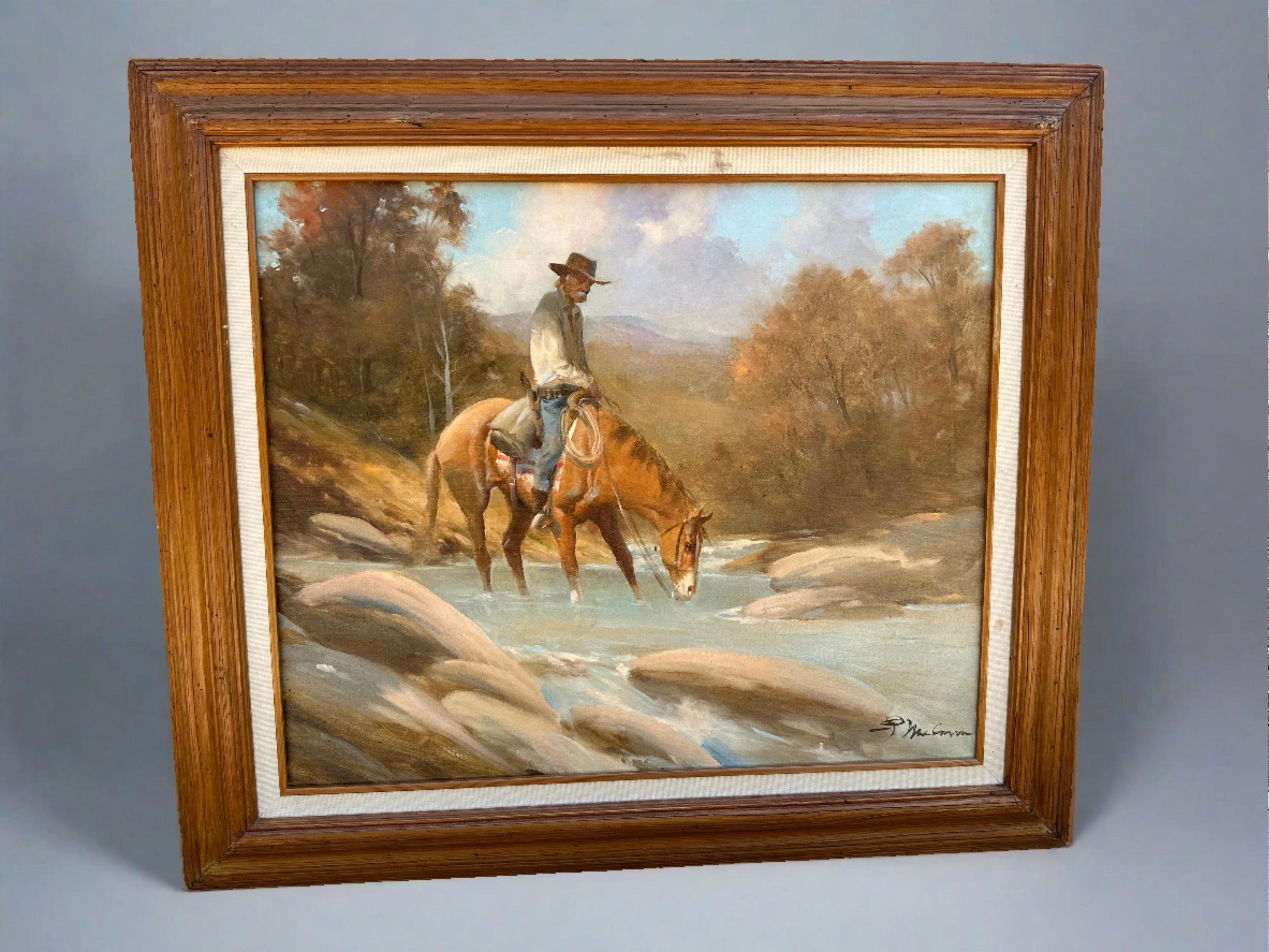 FRAMED OIL PAINTING OF COWBOY AND HORSE DRINKING WATER BY GERALD MCCANN classic mural painting