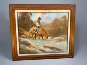 FRAMED OIL PAINTING OF COWBOY AND HORSE DRINKING WATER BY GERALD MCCANN classic mural painting