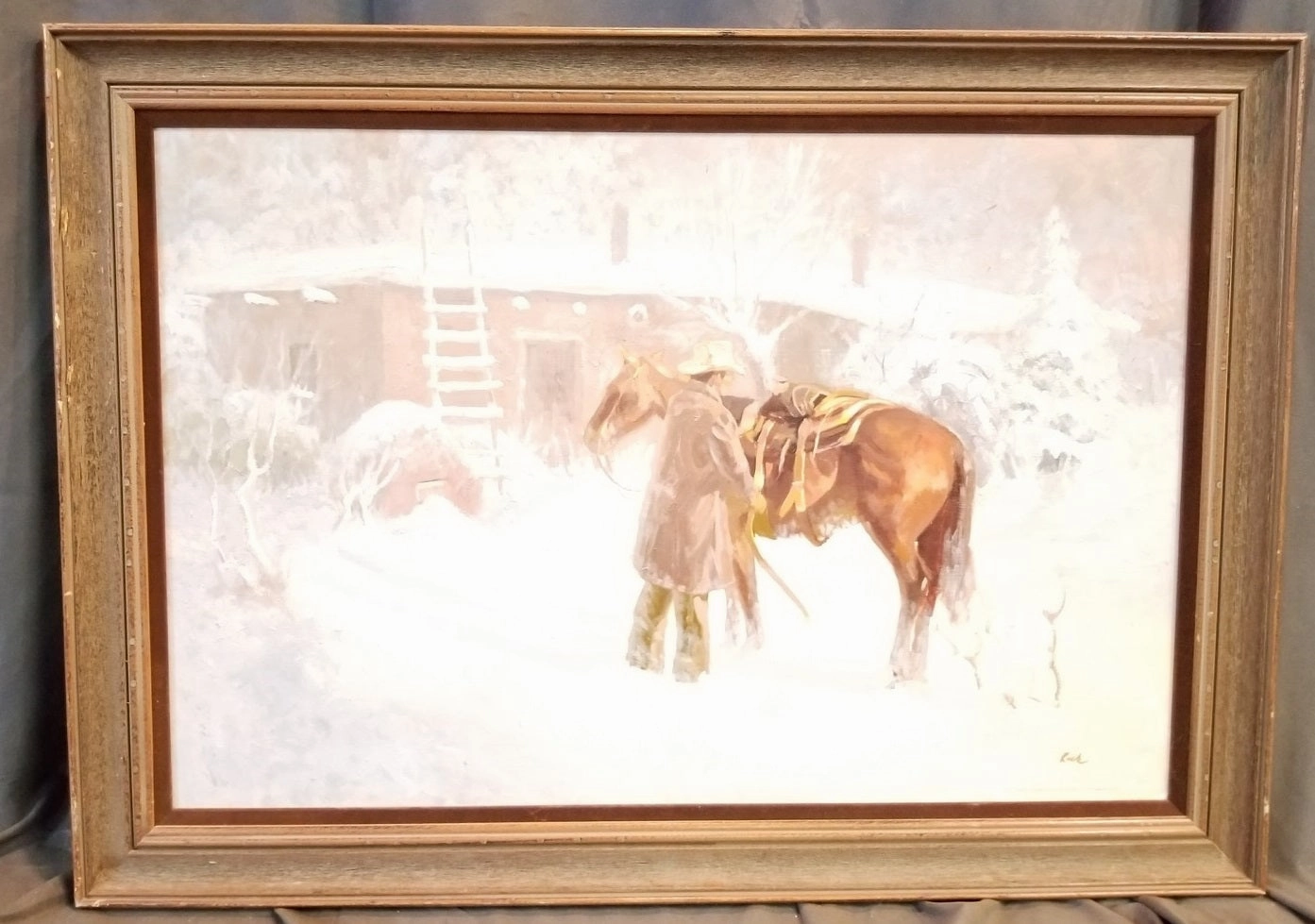 FRAMED OIL PAINTING OF COWBOY AND HORSE IN THE SNOW classic mural painting