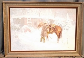 FRAMED OIL PAINTING OF COWBOY AND HORSE IN THE SNOW classic mural painting