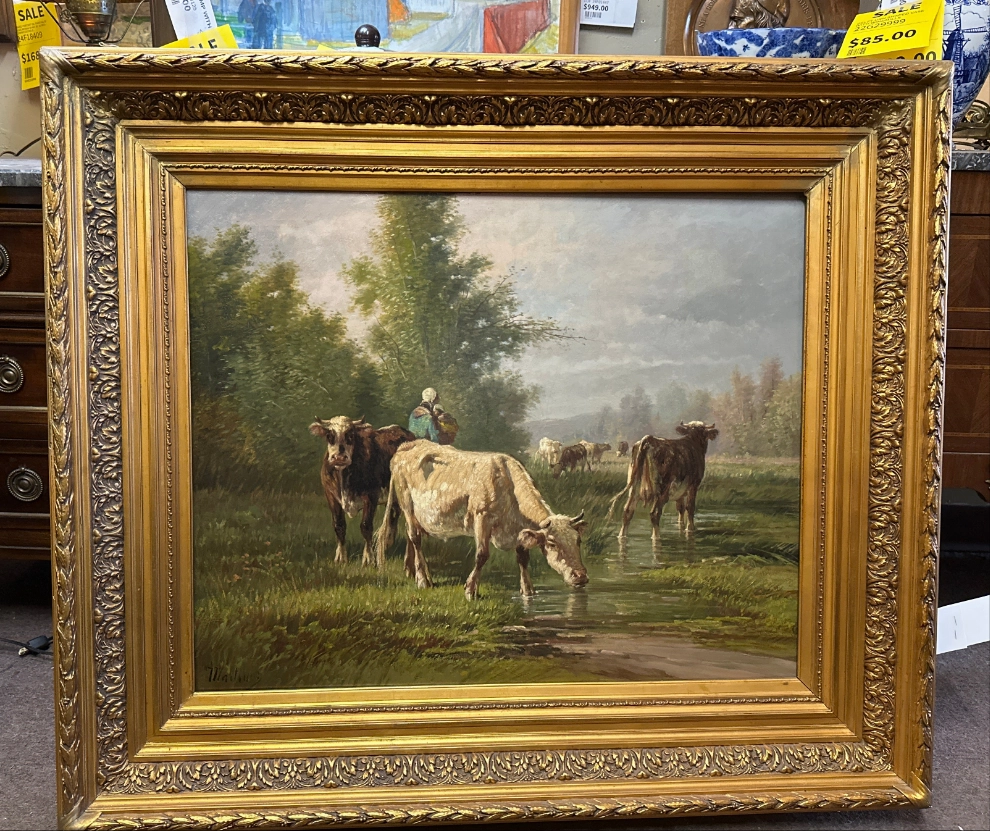FRAMED OIL PAINTING OF COWS BY A STREAM SIGNED