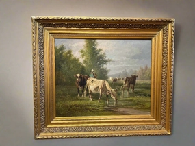 FRAMED OIL PAINTING OF COWS BY A STREAM SIGNED classic mural painting