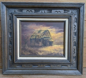 FRAMED OIL PAINTING OF DILAPIDATED BARN classic mural painting