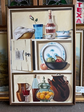 FRAMED OIL PAINTING OF DISHEDS ON SHELVES classic mural painting