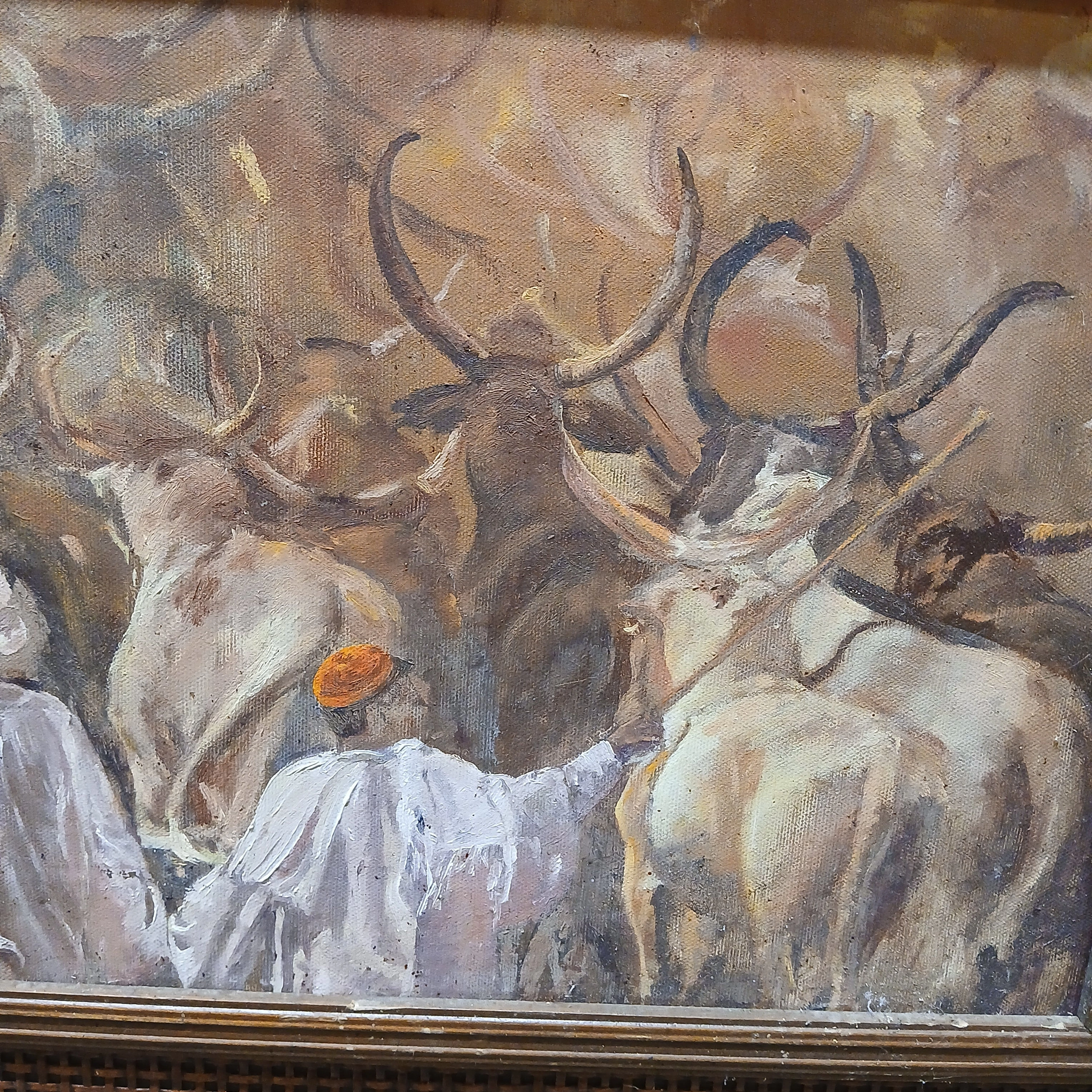 FRAMED OIL PAINTING OF ETHNIC COW HERDERS