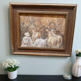 FRAMED OIL PAINTING OF ETHNIC COW HERDERS classic mural painting