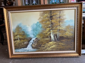 FRAMED OIL PAINTING OF FOREST WITH WATER FALL classic mural painting