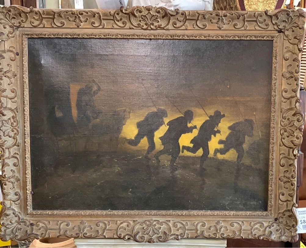 FRAMED OIL PAINTING OF HORSE AND WAGON WITH RUNNING LAMPLIGHTERS classic mural painting