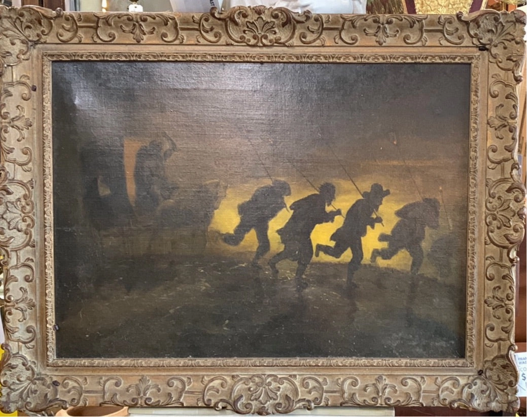 FRAMED OIL PAINTING OF HORSE AND WAGON WITH RUNNING LAMPLIGHTERS