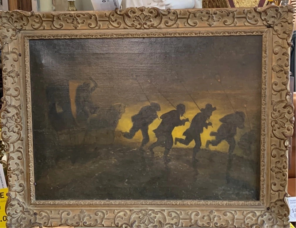 FRAMED OIL PAINTING OF HORSE AND WAGON WITH RUNNING LAMPLIGHTERS