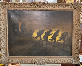 FRAMED OIL PAINTING OF HORSE AND WAGON WITH RUNNING LAMPLIGHTERS classic mural painting
