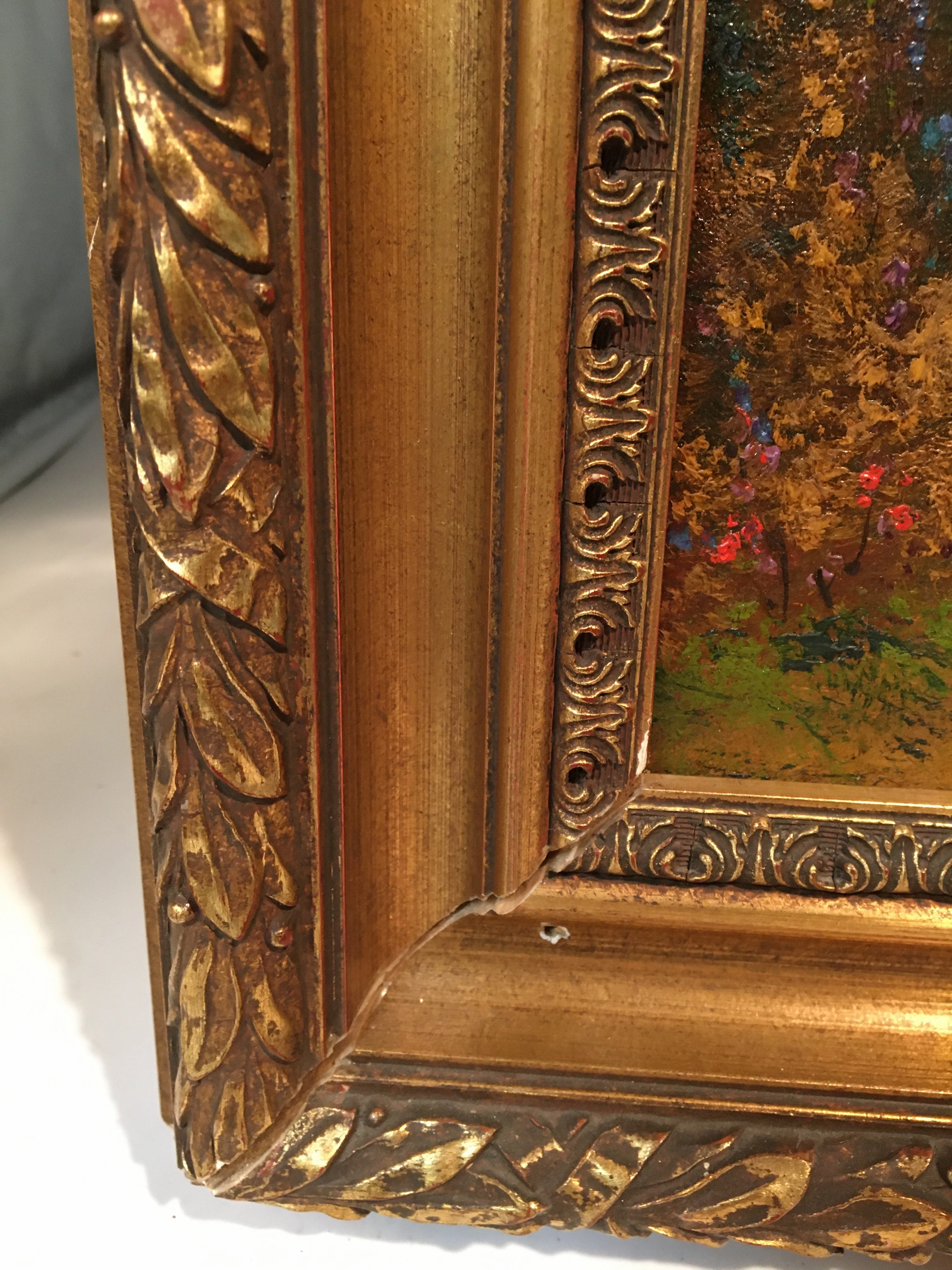 FRAMED OIL PAINTING OF HOUSE WITH RED ROOF