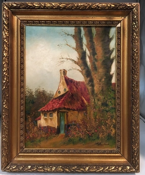FRAMED OIL PAINTING OF HOUSE WITH RED ROOF classic mural painting