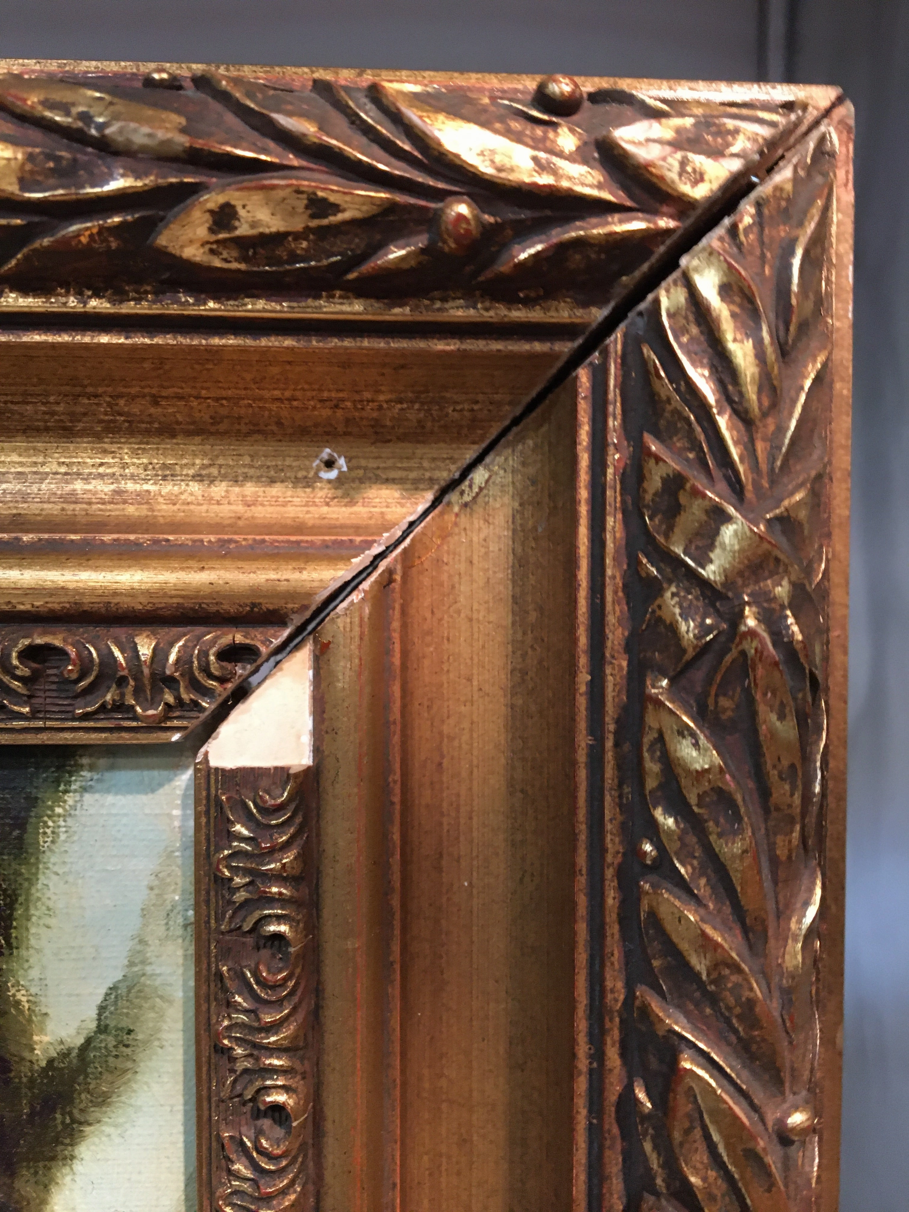 FRAMED OIL PAINTING OF HOUSE WITH RED ROOF