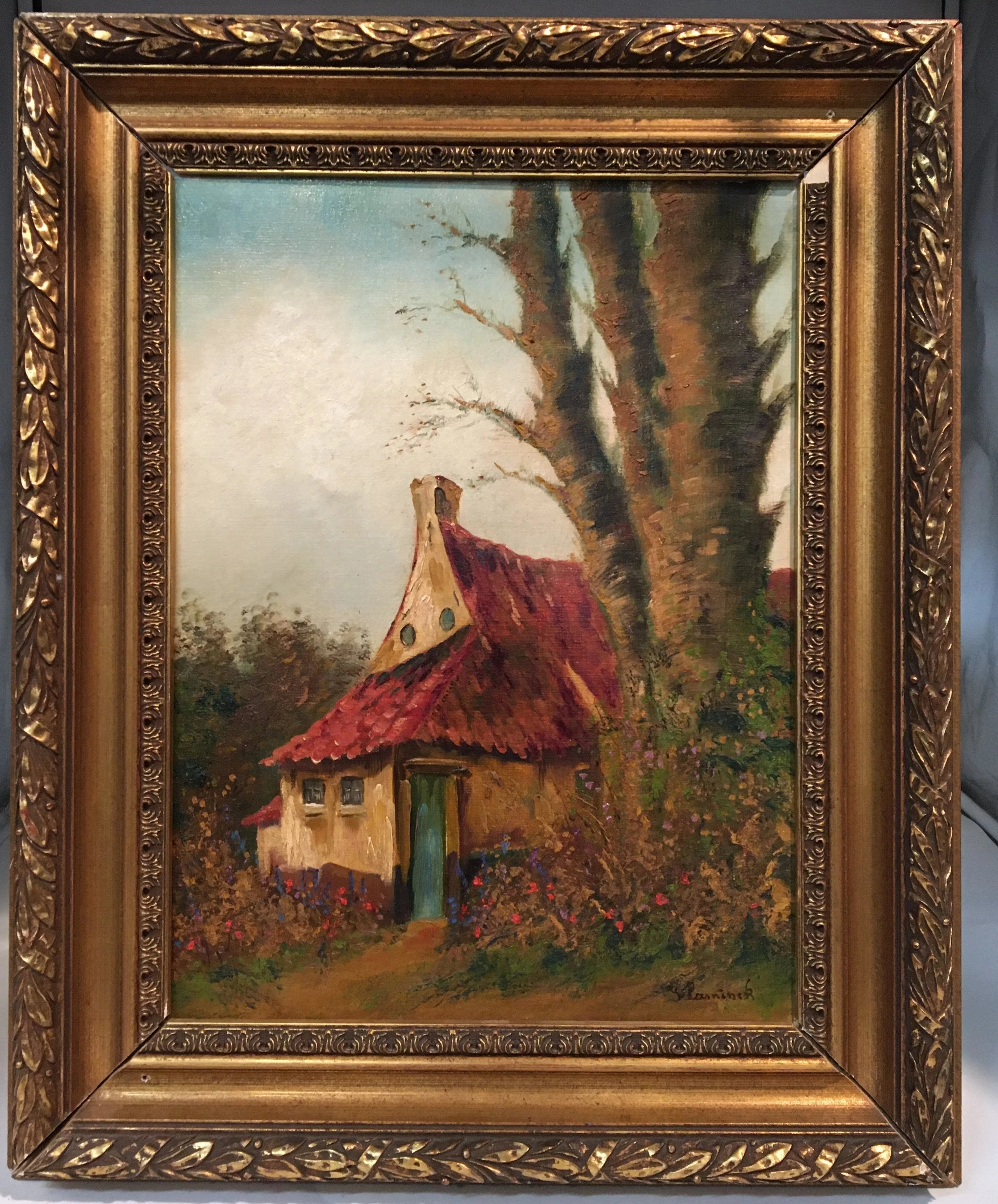 FRAMED OIL PAINTING OF HOUSE WITH RED ROOF classic mural painting
