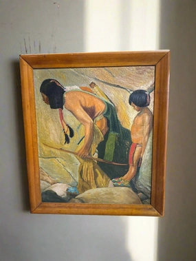 FRAMED OIL PAINTING OF INDIAN FATHER AND SON SIGNED WIN FONIES JR 1935 classic mural painting