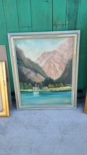 FRAMED OIL PAINTING OF MOUNTAINS AND A LAKE classic mural painting