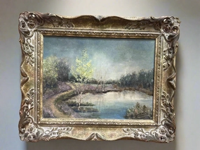 FRAMED OIL PAINTING OF POND LANDS IN LAVENDER AND GREEN HUES classic mural painting