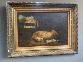 FRAMED OIL PAINTING OF SOW AND PIGLETS AND BARN classic mural painting
