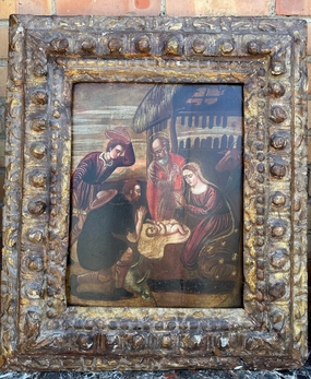 FRAMED OIL PAINTING OF THE BIRTH OF CHRIST ON BOARD classic mural painting