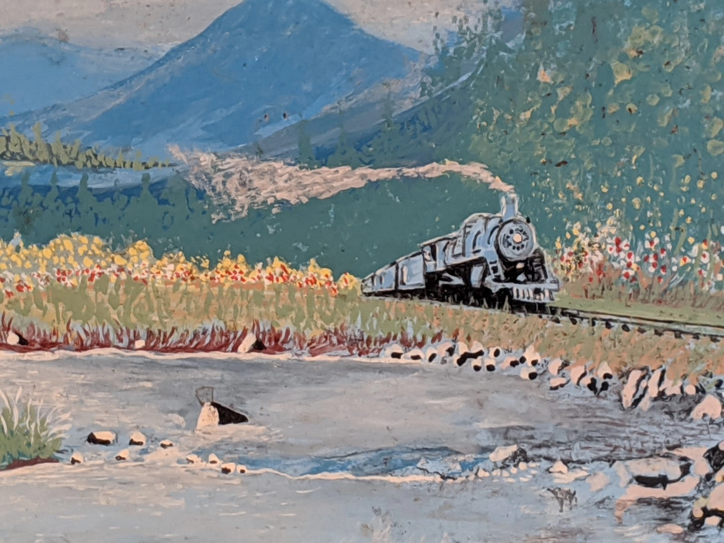 FRAMED OIL PAINTING OF TRAIN BY A RIVER BY J. G. MC. ELHEY