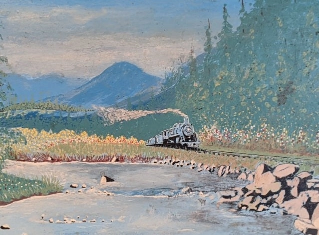 FRAMED OIL PAINTING OF TRAIN BY A RIVER BY J. G. MC. ELHEY