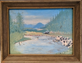 FRAMED OIL PAINTING OF TRAIN BY A RIVER BY J. G. MC. ELHEY classic mural painting