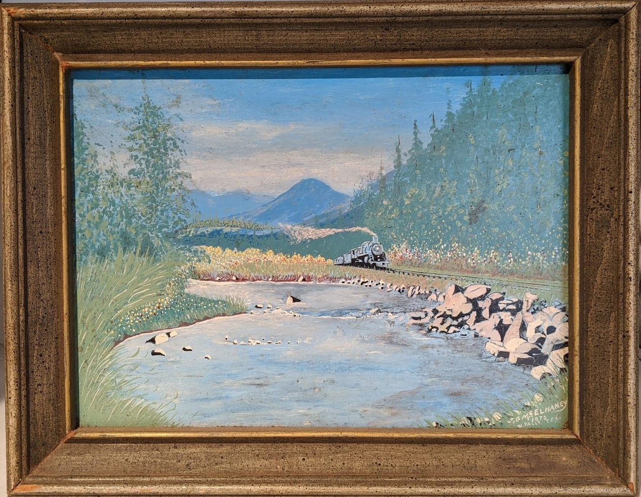 FRAMED OIL PAINTING OF TRAIN BY A RIVER BY J. G. MC. ELHEY classic mural painting