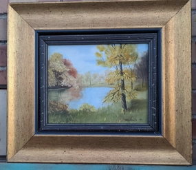 FRAMED  OIL PAINTING OF TREE BY A POND SIGNED D RUNNELS 1974 classic mural painting