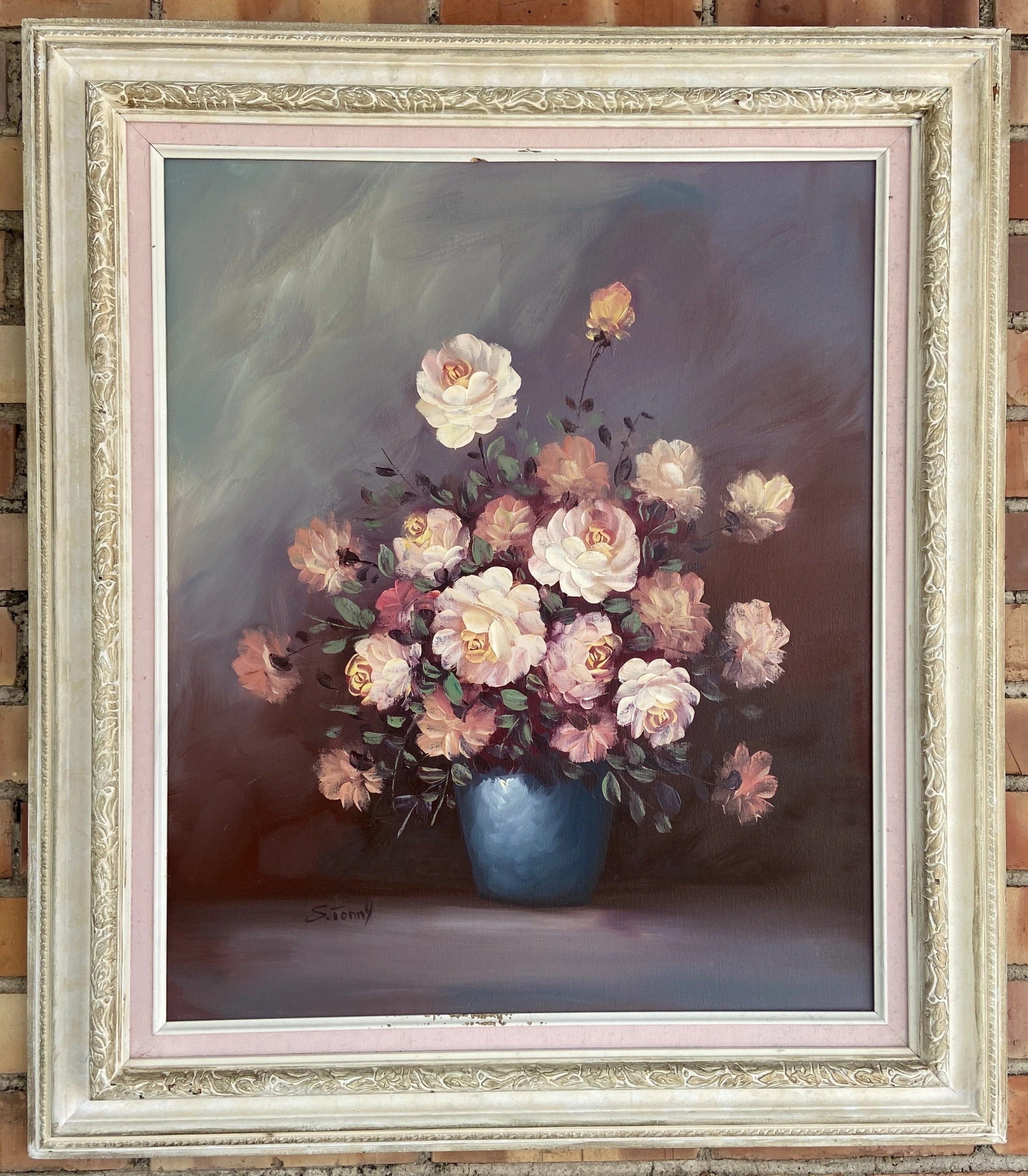 FRAMED OIL PAINTING OF WHITE ROSES BY S. TONNY classic mural painting