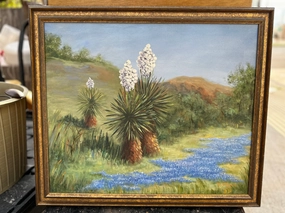 FRAMED OIL PAINTING OF YUCCA AND BLUEBONNET classic mural painting