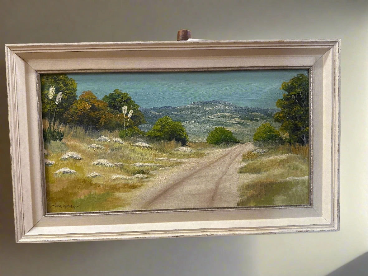 FRAMED OIL PAINTING OF YUCCA TREES AND A ROAD SIGNED JULIAN ONDERDONK classic mural painting