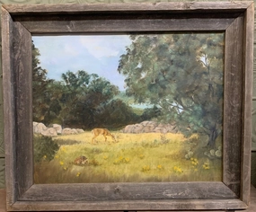 FRAMED OIL PAINTING ON CANVAS OF DEER BY MYRNICE 1981 classic mural painting