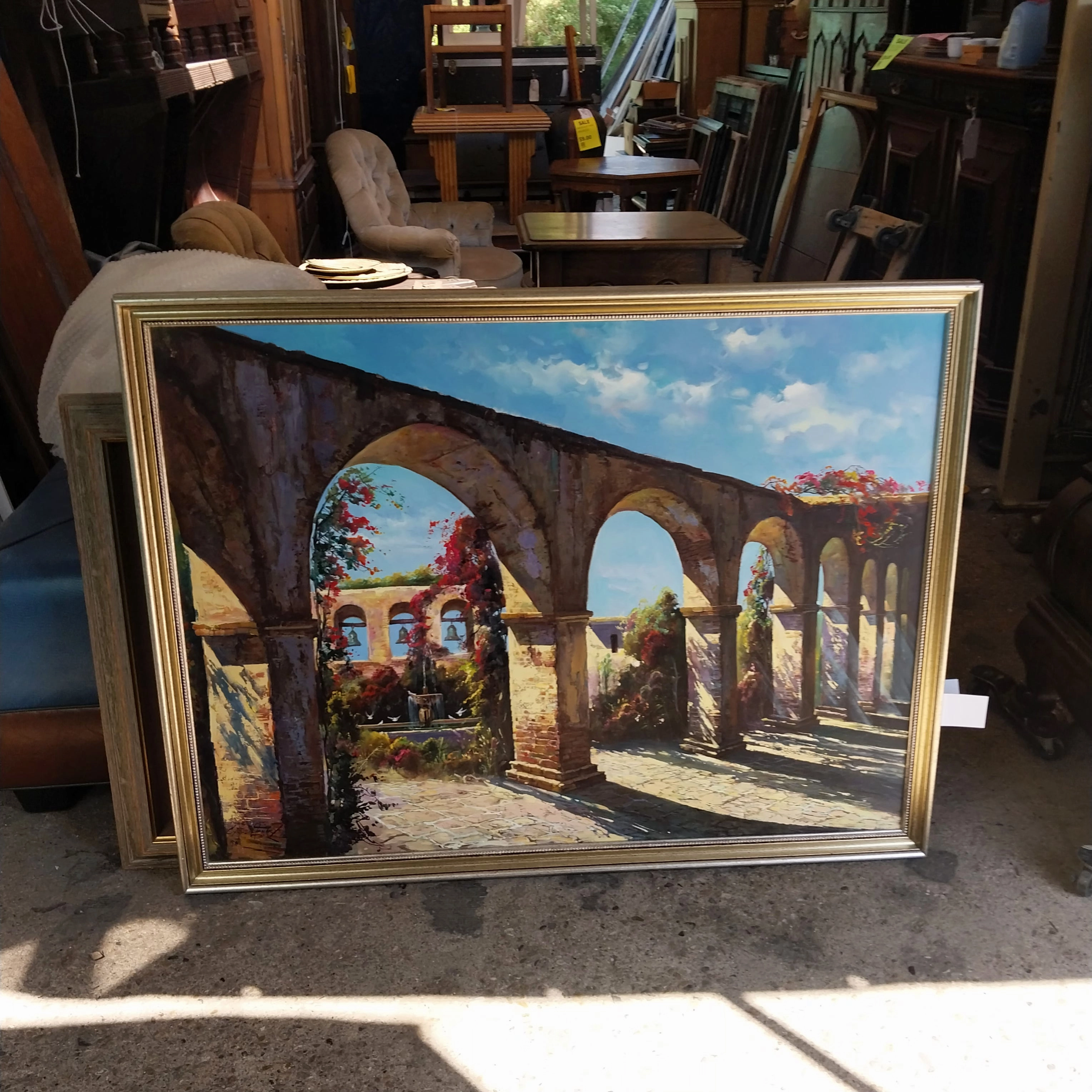FRAMED OIL PAINTING ON CANVAS TITLED "THE MISSION" SIGNED CYRUS AFSARY 1980
