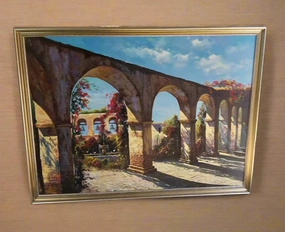FRAMED OIL PAINTING ON CANVAS TITLED "THE MISSION" SIGNED CYRUS AFSARY 1980 classic mural painting