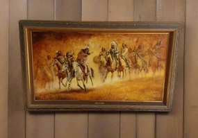 FRAMED OIL PAINTING ON CANVAS TITLED "WHEN CROW MEETS SIOUX" SIGNED PAT MCALLISTER 1986 classic mural painting