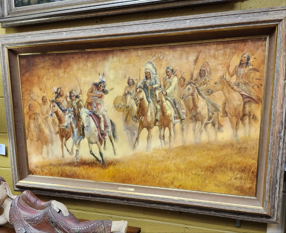 FRAMED OIL PAINTING ON CANVAS TITLED "WHEN CROW MEETS SIOUX" SIGNED PAT MCALLISTER 1986