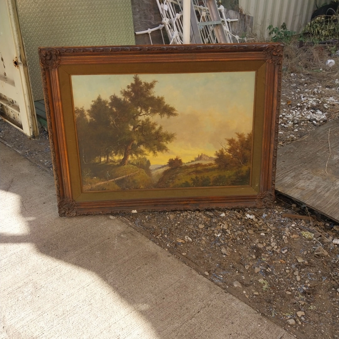 FRAMED OIL PAINTING ON CANVAS WITH RUIN AND MAN ON PATH BY STEPHAN HAAN